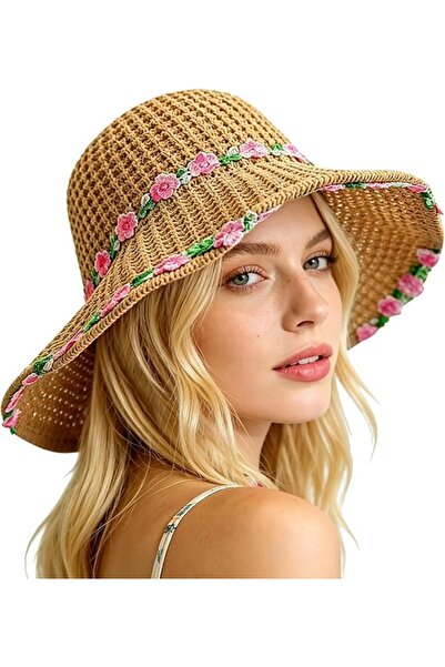 STARSTAR Women's sun hat, wide-brimmed beach hat, straw hat with small pink f...