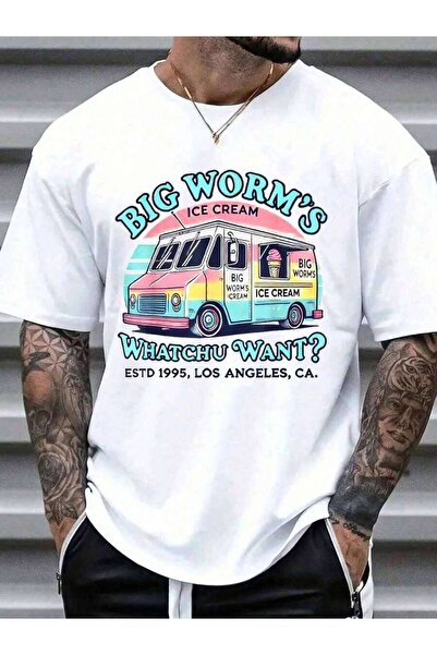 kai22 تي شيرت Big Worm'S Ice Cream، تي شيرت صيفي كاجوال برقبة دائرية وأكمام ق...