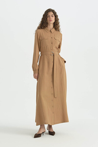 Nihan Front Buttoned Linen Dress - Camel