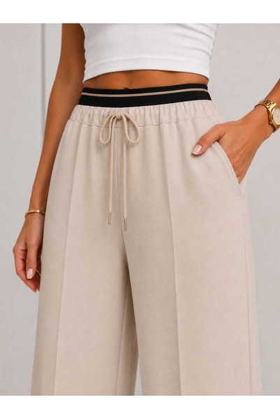 Canbeg Tekstil Women's Elastic Waist Drawstring Palazzo Trousers