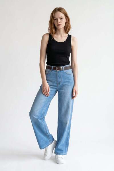 HAKKE Kemerli Wide Leg Kadın Jean PANTOLON