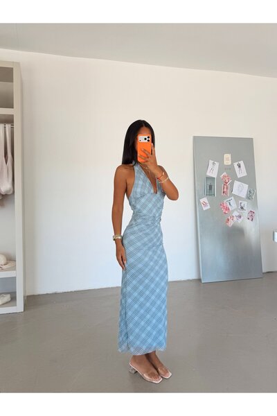 myd Drape Detailed Halter Neck Dress - Blue
