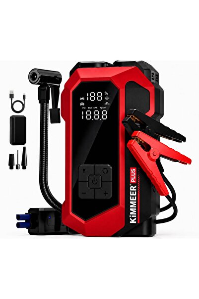 KİMMEER PLUS Akü Takviyeli Hava Pompası & Jump Starter 16000mAh Powerbank – Ç...