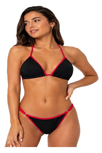 Kırmızı Siyah Boyundan Ve Yandan Bağlamalı Şık Kadın Bikini Takımı