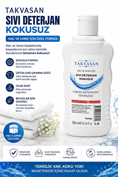 Takvasan Hac ve Umre İçin Sıvı Deterjan 200 ml Parfümsüz ve Kokusuz Temizlik