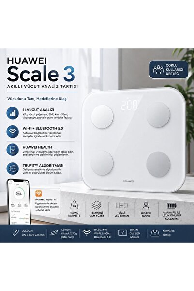 Huawei Akıllı Tartı 3 - Yağ Ölçer ve Vücut Analiz Cihazı, Beyaz Temperli Cam,...