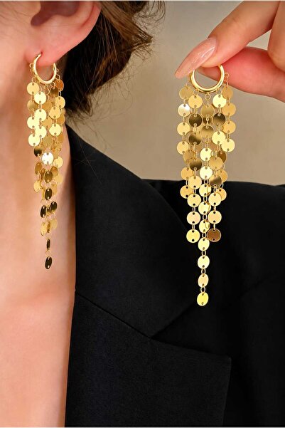invictus design Kadın Gold Zincir Küpe Sallantılı Halka Pullu Işıltılı Uzun S...