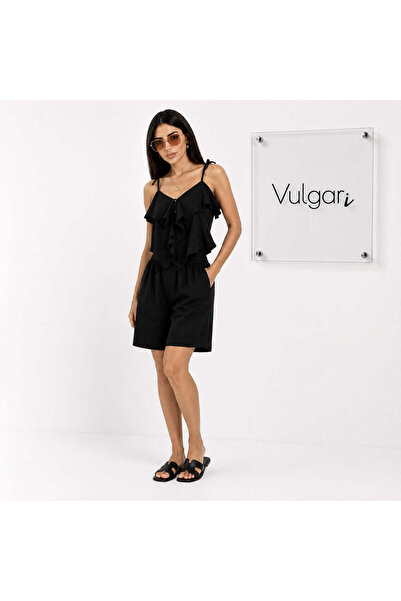 vulgariromania Set de vară negru pentru femei, top cu volane și pantaloni scu...