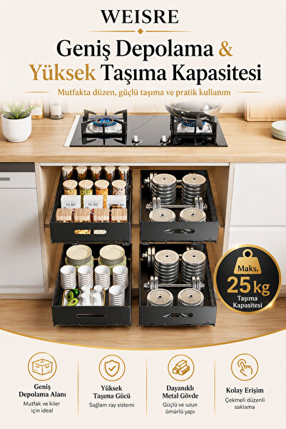 Weisre Raylı Mutfak Dolabı İçi Düzenleyici Çekmece Sepet Metal Sürgülü Organizer 25 KG Taşıma Kapasitesi