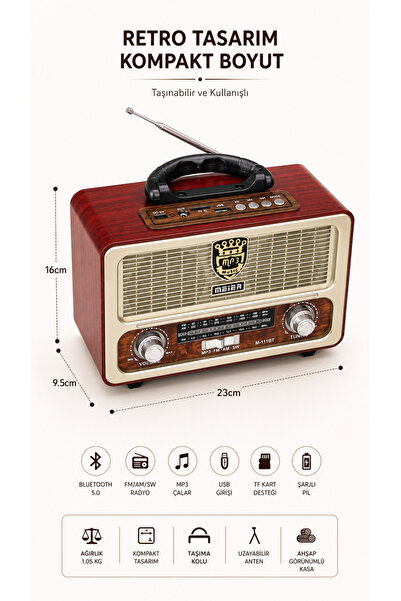 ULTRATEKNO M-111BT Nostaljik Ahşap Retro Fm Radyo Usb TF Kart Bluetooth FM/AM/SW Radyo