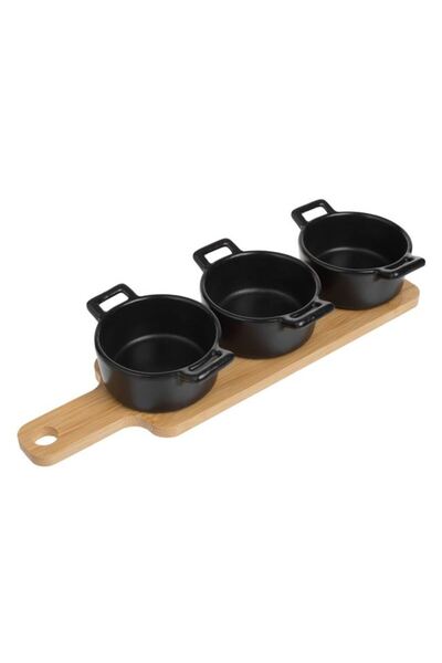 BAMI NETWORK Suport Bambus cu 3 Boluri Ceramice Negre pentru Sosuri (28x8x5cm...