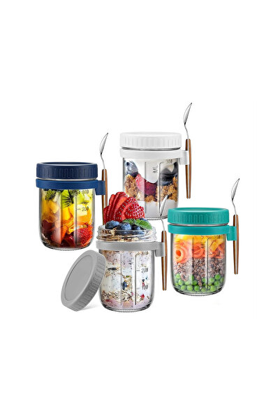 STARSTAR A set of 4 overnight oatmeal storage jars, each with a lid and a spo...