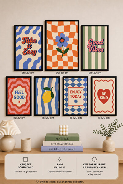 UNT 7'li Çerçeve Görünümlü Modern Tablo Seti | Retro & Pop Art | Motivasyon Y...