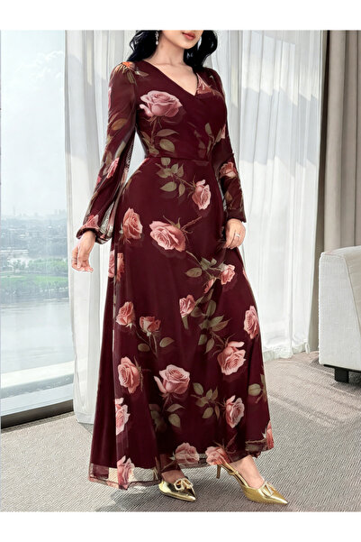 Take Two By Styli Burgundy Rose Print V Neck A-Line Maxi Dress