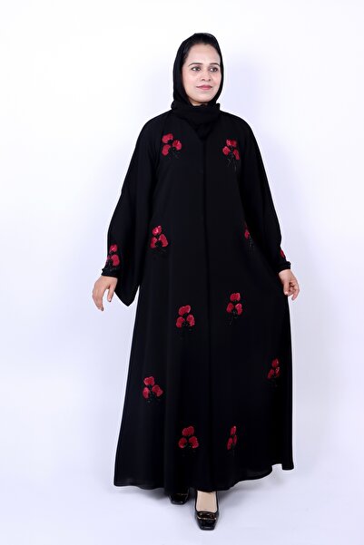 Izzah Bella Women’s Black Abaya with Red Floral 3D Embroidery & Beadwork