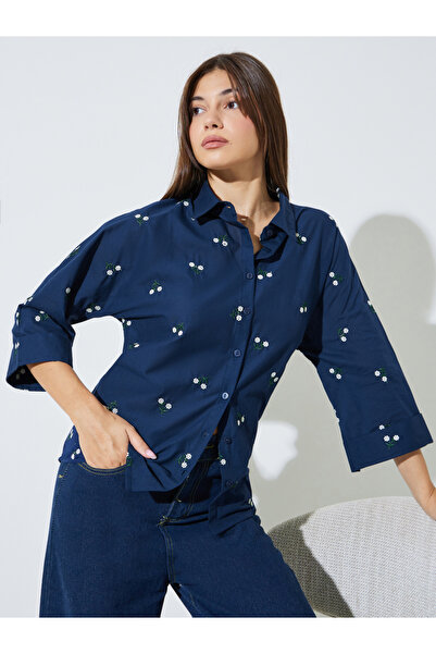 Styli Navy Blue Floral Embroidered Relaxed Fit Shirt