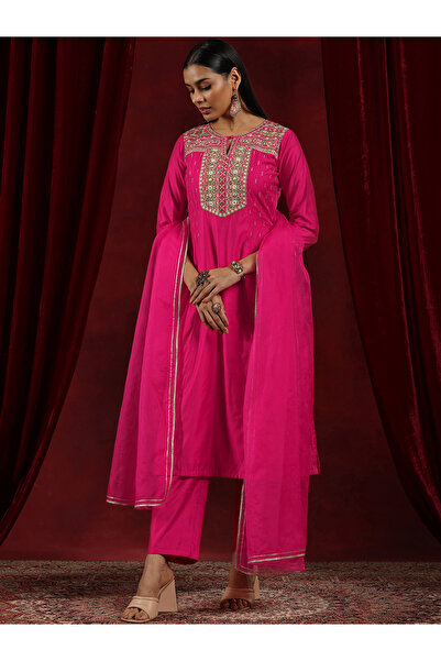 Libas By Styli Pink Yoke Design Silk Blend Straight Kurta, Palazzos and Dupat...