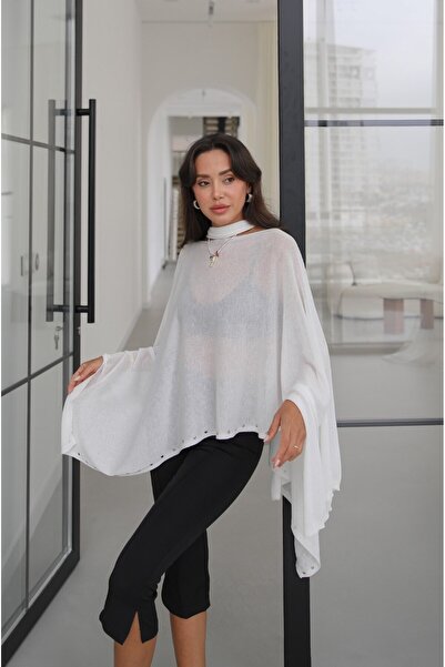 Havoş Ecru Stone Embellished Knitwear Cape Blouse
