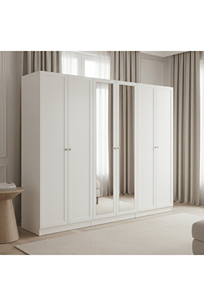 Roots Furniture خزانة ملابس خشبية بيضاء من بروفانس مع 4 أبواب وأبواب مرآة مزدوجة