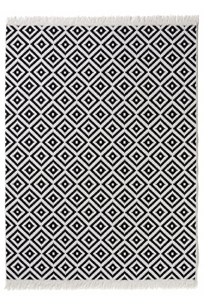 NO BRAND Covor Kilim BOHO țesut cu ciucuri 80x150 cm Model romb Alb Negru