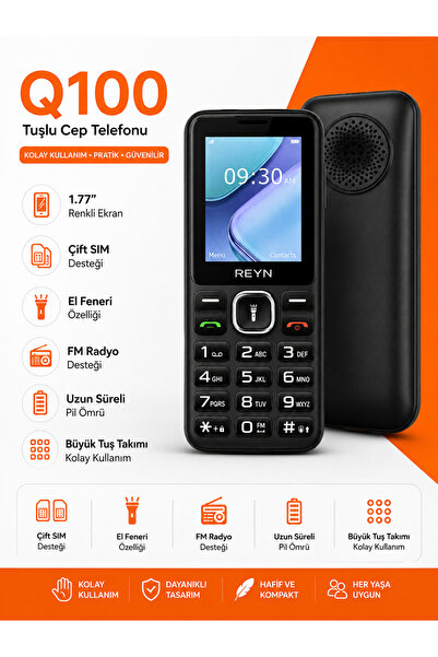 Genel Markalar Q100 Tuşlu Telefon Çift Hatlı Büyük Tuşlu Uzun Pil Ömürlü Siyah