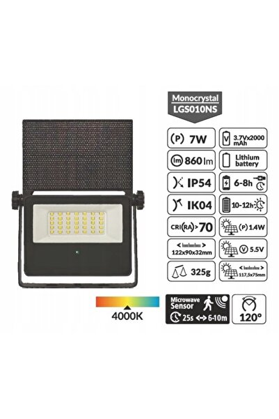 LUMAX ILUMINATURĂ SOLARĂ LED HALOGEN 7W 860lm IP54 CU SENZOR DE MIȘCARE LGS010NS