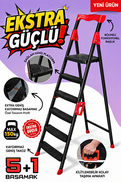 ZE Zigana Ev Gereçleri Elegance Siyah 5+1 geniş basamaklı ekstra sağlam katla...