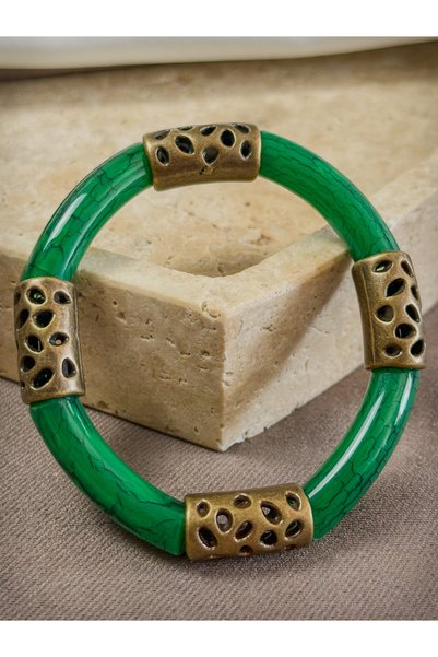 Dore Collection Bamboo Model Acrylic Resin Tube Cut Bronze Metal Detailed Unisex Bracelet
