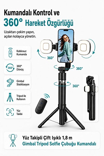 RAYLAX Yapay Zeka Yüz Takipli Gimbal Selfie Çubuğu 1.8 Metre Çift LED Işıklı Tripod Bluetooth Kumandalı 360° Dönebilen Telefon Standı