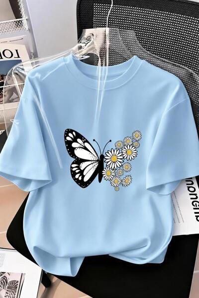 Oksit Daisy Winged Butterfly Printed Oversize Women's T-Shirt