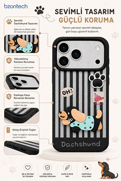 bzontech 3D Dog Figure Striped Silicone Phone Case Compatible with iPhone 17 Pro Max / 18 Pro Max Dachshund