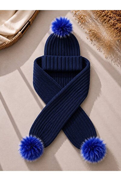 ues Dark Blue Single Pompon Knitwear Scarf Beanie Set