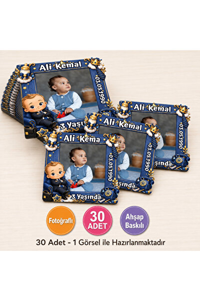 wonderlike 30 Adet Kişiye Özel Fotoğraflı Erkek Bebek Doğum Günü Magneti Laci...