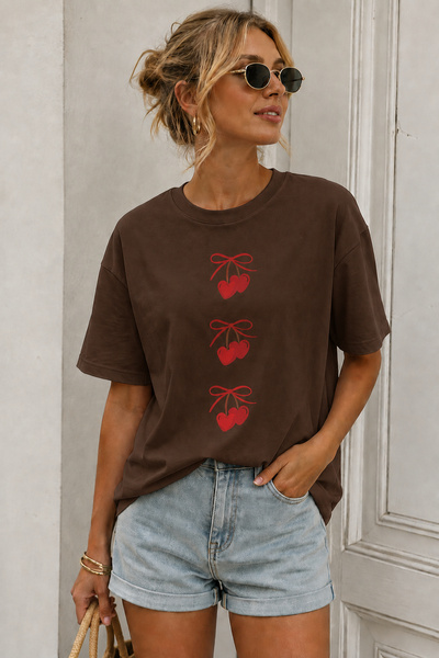 ArtYus Cherry Printed Crew Neck Casual Unisex Oversize T-Shirt - Fruit-Themed...