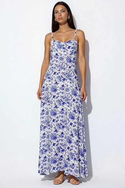 Hiccup Heart Neckline Floral Patterned Viscose Maxi Dress
