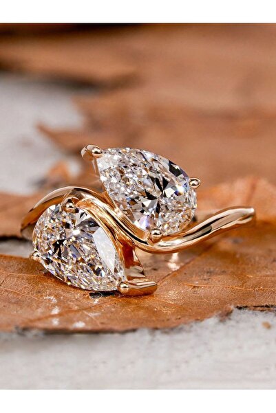 Choice4 6 Golden 925 Sterling Silver Sparkling Double Water Drop Zircon Ring ...