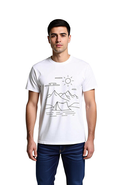 PayBuy Men's T-Shirt 100% Cotton Camping Tent Mountain Sun Line Art Print Rel...