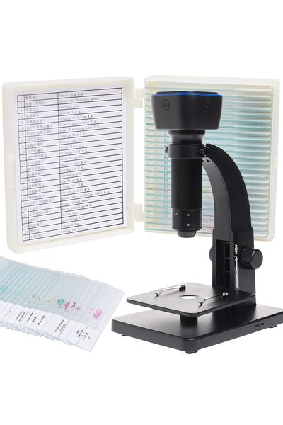 TECHREBAL Microscop biologic negru cu cameră Wifi de 5MP + Set de 25 de mostr...