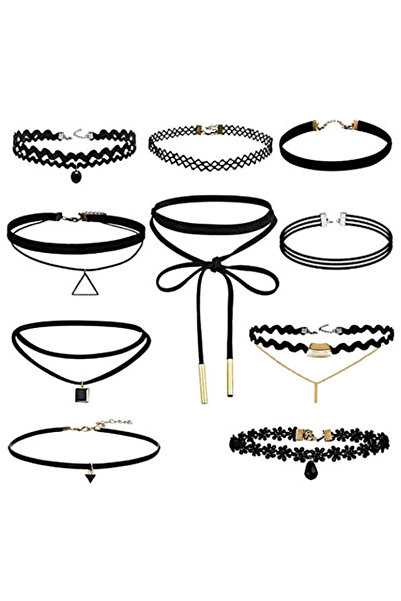 VeeShop Set 10 coliere choker, catifea, dantela, triunghi, cristal