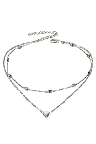 VeeShop Минималистично двойно колие, със сърце и овални метални топчета - Сре...