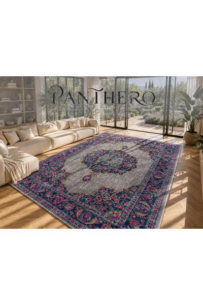 Panthero Home Gri Lacivert Fuşya Klasik Vintage Madalyon Desenli Kaymaz Taban...