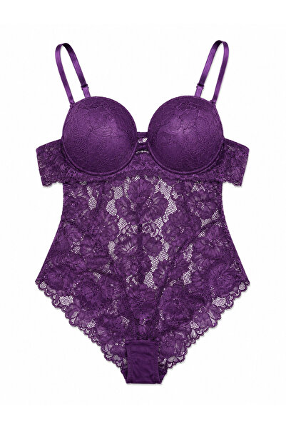 Kadın İpeksi Dantelli Destekli Dolgulu Balenli Body Bodysuit İç Giyim