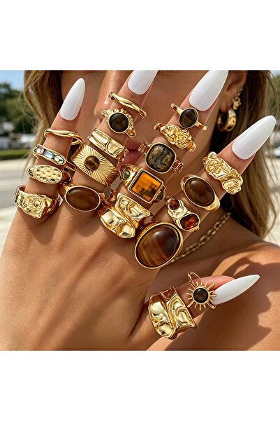 Choice AYA 6736001 20Pcs Vintage Tiger Eye Ring Set for Women Sun Hammer Patt...