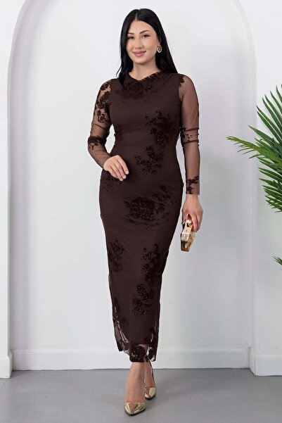 PULLIMM Crew Neck Long Sleeve Glitter Tulle Dress Grs4123