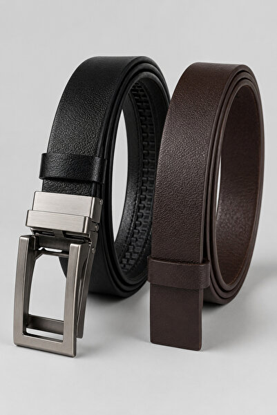 Pino44 Set of 2 Genuine Buffalo Leather Belts with Automatic Buckle and No Ho...