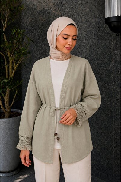 Lunfia Püsküllü Kemerli Keten Kimono - Vizon