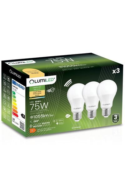 Lumiled 3x Bec LED E27 A60 10W = 75W 1055lm 3000K Cald 260 °   cu senzor de m...