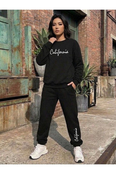 WOODROFFE Unisex California Printed Crew Neck Sweatpants Set Oversize