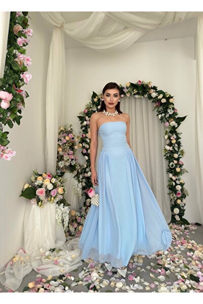 Clothes Fast Γυναικείο Baby Blue Στράπλες Μίντι Φόρεμα με Λεπτομέρεια στη Μέσ...