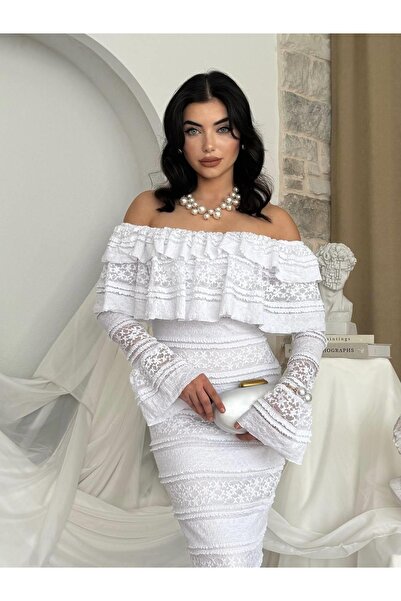 Moda Days فستان نسائي أبيض بدون حمالات وأكمام طويلة من الدانتيل بطول متوسط